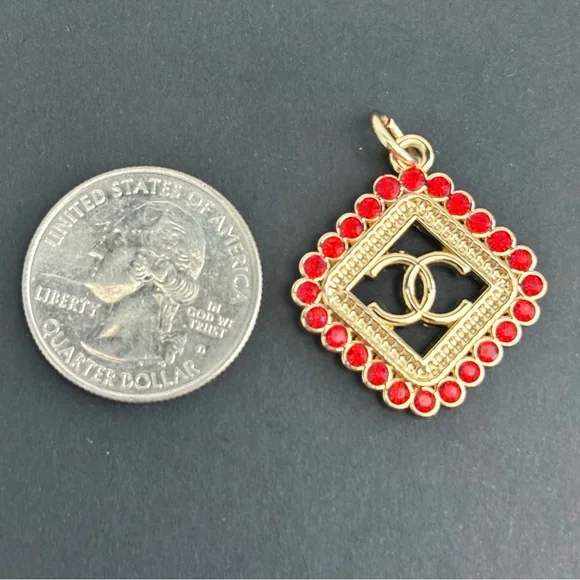 Upcycled CC Chanel Gold & Red Rhinestone Charm, Zipper Pull, Necklace 16 in. - Picture 4 of 7